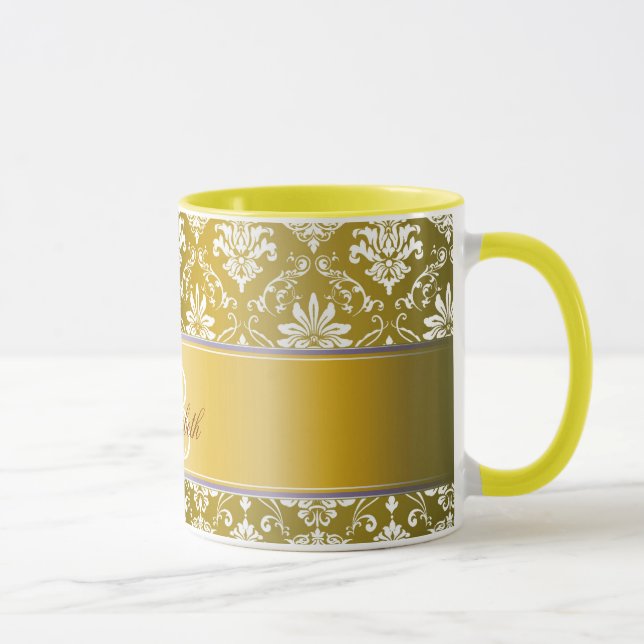 Monogram Golden Yellow and White Damask Mug (Right)