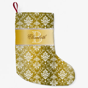 Monogram Golden/Yellow Damask Small Christmas Stocking