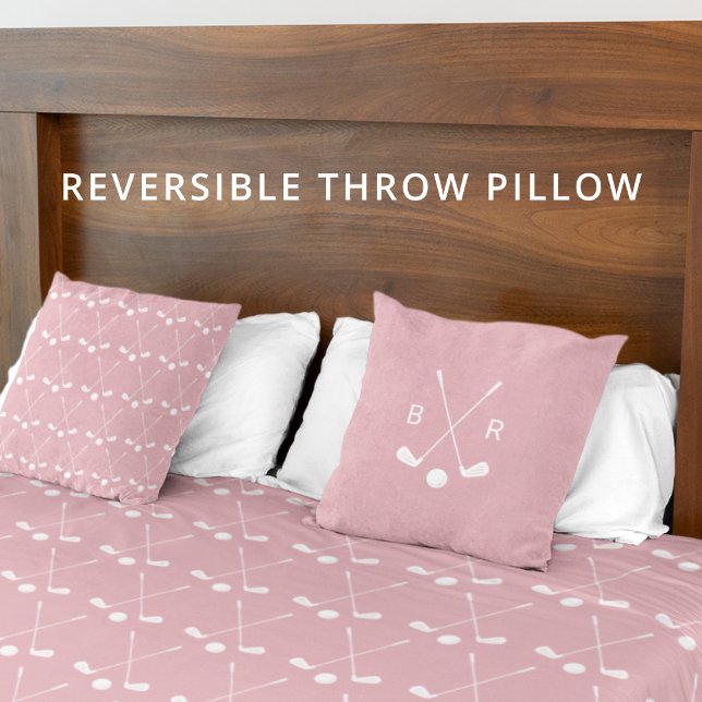 Monogram Golf Club Pattern Pink Reversible Modern Cushion (Clean, modern golf style in blush pink and white.)