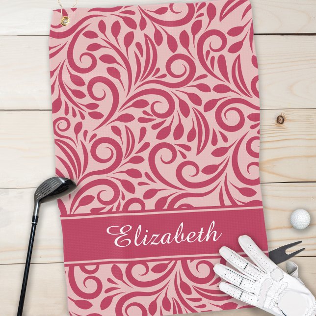 Monogram Golfer Name Chic Magenta Red Pink Girly Golf Towel (Creator Uploaded)
