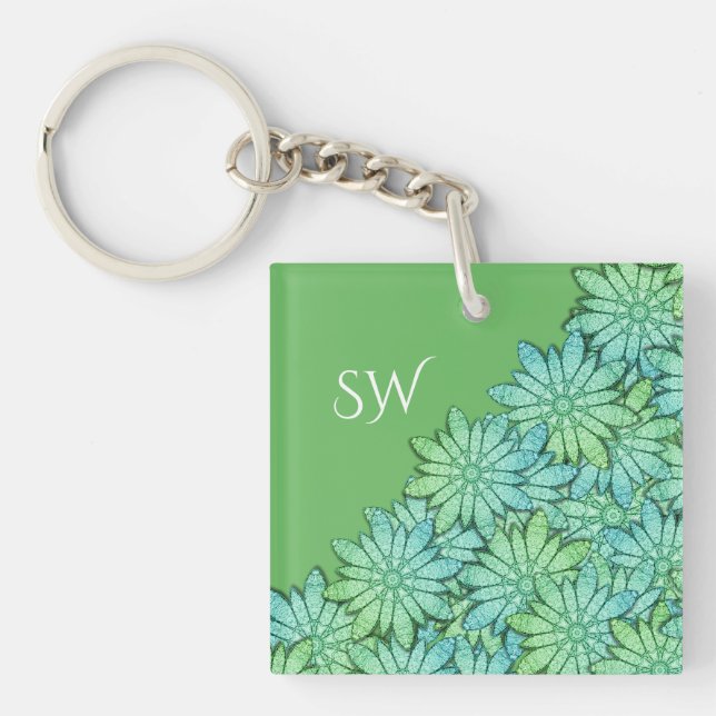 Monogram Gorgeous Modern Floral Green Key Ring (Front)