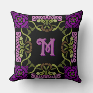 Monogram Goth Art Nouveau Rose and Dahlia Purples Cushion
