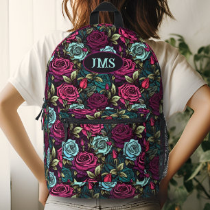 Monogram Gothic Rose Pink Purple and Blue Floral Printed Backpack