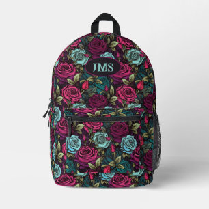 Monogram Gothic Rose Pink Purple and Blue Floral Printed Backpack