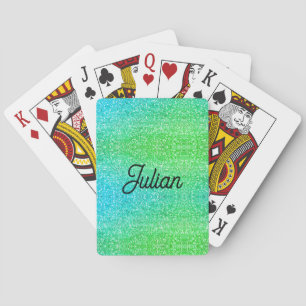 Monogram gradient blue and green glitter sparkle playing cards