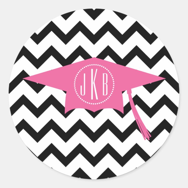 Monogram Graduation Cap Pink + Black Chevron Classic Round Sticker (Front)