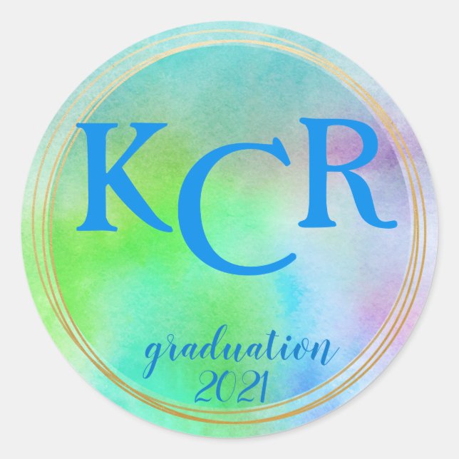 Monogram Graduation year Watercolor Gold Doodles  Classic Round Sticker (Front)