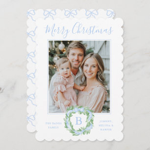 Monogram Grandmillennial Christmas Wreath Bows Holiday Card