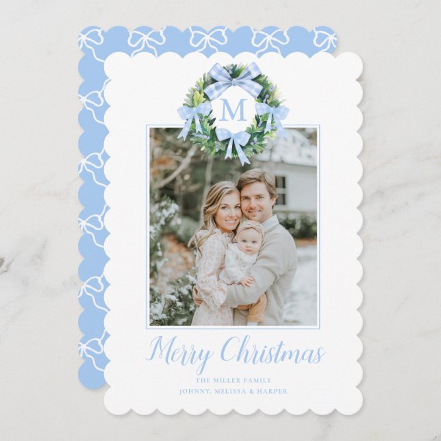 Monogram Grandmillennial Christmas Wreath Bows Holiday Card (Front/Back)