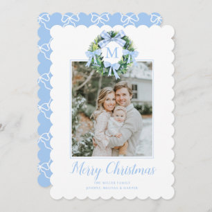 Monogram Grandmillennial Christmas Wreath Bows Holiday Card
