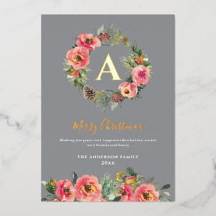 Monogram Gray Floral Botanical Wreath Christmas Foil Holiday Card
