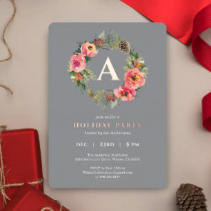 Monogram Gray Wreath Botanical Christmas Party Foil Holiday Card