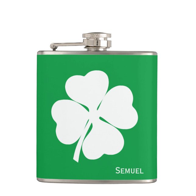 Monogram Green 4 Leaf Shamrock Skull And Green Hat Hip Flask (Front)