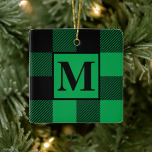 Monogram Green and Black Buffalo Plaid Christmas Ceramic Ornament