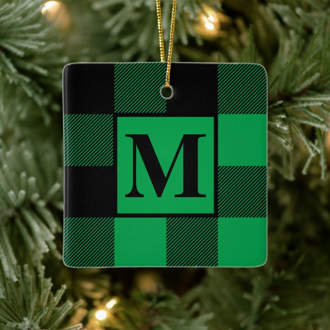 Monogram Green and Black Buffalo Plaid Christmas Ceramic Ornament (Tree)