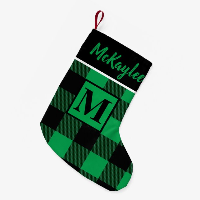 Monogram Green and Black Buffalo Plaid Personalise Small Christmas Stocking (Front (Hanging))