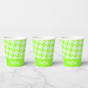 Monogram green and white houndstooth pattern paper cups