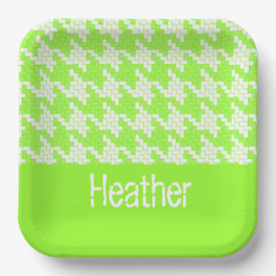 Monogram green and white houndstooth pattern paper plate