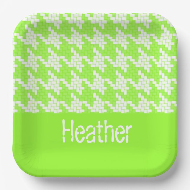 Monogram green and white houndstooth pattern  paper plate (Front)