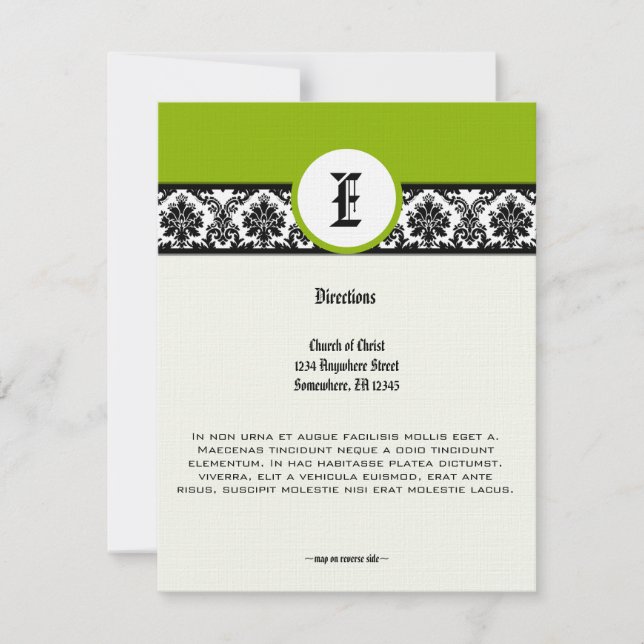 Monogram Green Black Damask Wedding Direction Card (Front)