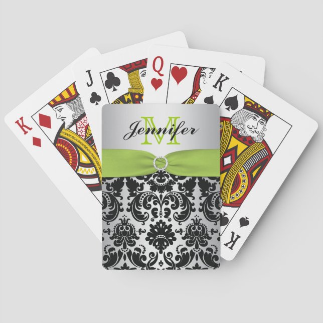 Monogram Green Black Silver Damask Playing Cards (Back)