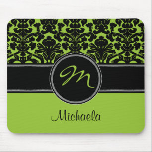 Monogram Green Black White Damask Mousepad