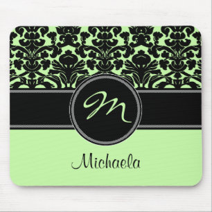 Monogram Green Black White Damask Mousepad