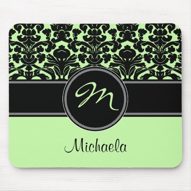 Monogram Green Black White Damask Mousepad (Front)