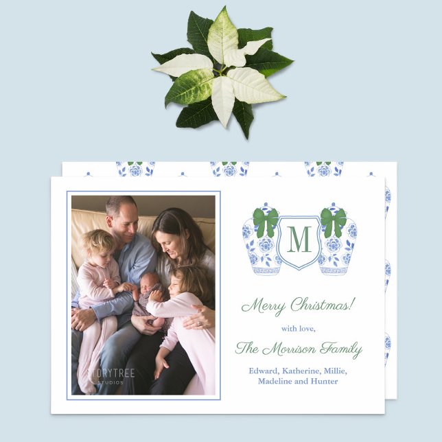 Monogram Green Blue Ginger Jars Family Photos Holiday Card (Elegant Monogram Green Blue Ginger Jars Family Photo Christmas Card)