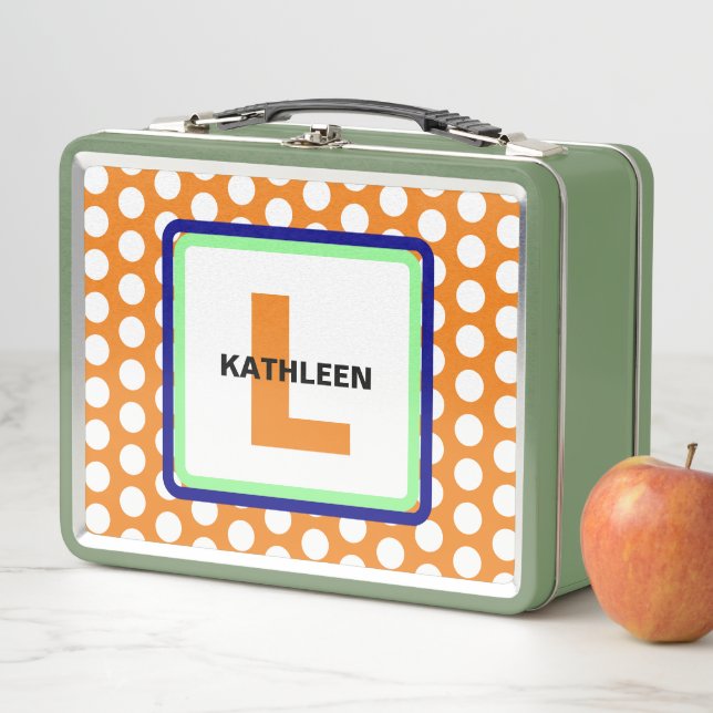 Monogram Green Blue Orange Polka Dots Metal Lunch Box (In Situ)
