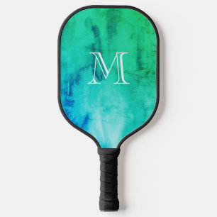 Monogram Green Blue Watercolor Texture Abstract Pickleball Paddle