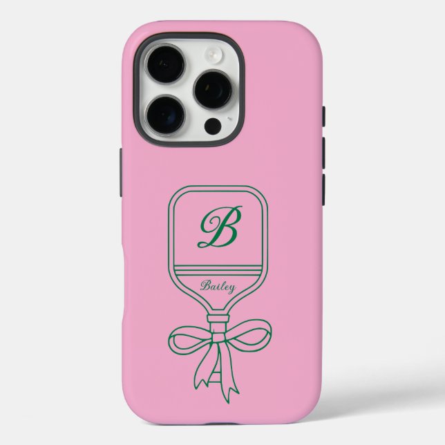Monogram Green Bow Pickleball Paddle Pink Case-Mate iPhone Case (Back)