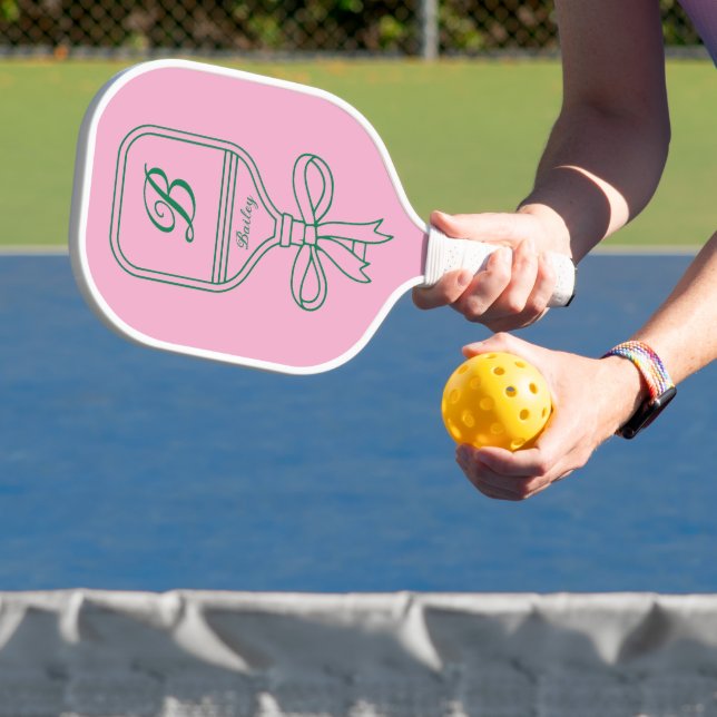 Monogram Green Bow Pink Pickleball Paddle  (Insitu)