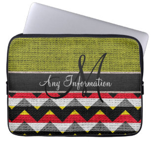 Monogram Green Chevron Zigzag Burlap Jute Laptop Sleeve
