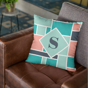 Monogram Green Coral Geometric Art Cushion