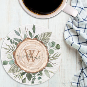 Monogram Green Eucalyptus Leaves Foliage Wood Coaster