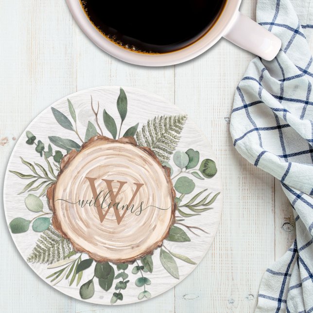 Monogram Green Eucalyptus Leaves Foliage Wood Coaster (In situ)