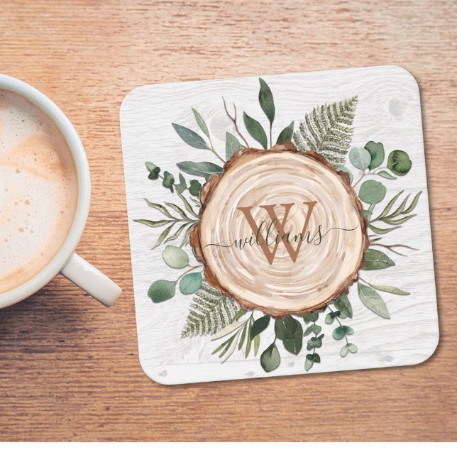 Monogram Green Eucalyptus Leaves Foliage Wood Coaster (In situ)