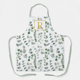 Monogram Green Eucalyptus Pattern Apron