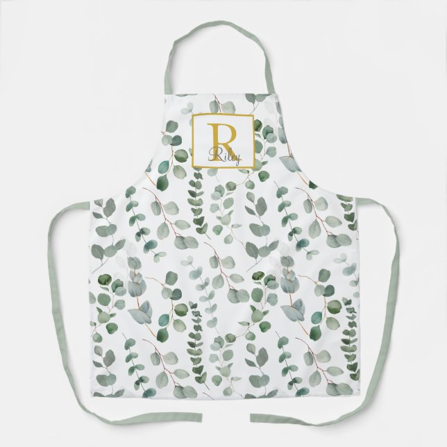 Monogram Green Eucalyptus Pattern Apron (Front)
