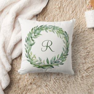 Monogram Green Eucalyptus Wreath Greenery Leaves Cushion