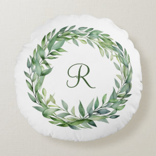 Monogram Green Eucalyptus Wreath Greenery Leaves Round Cushion