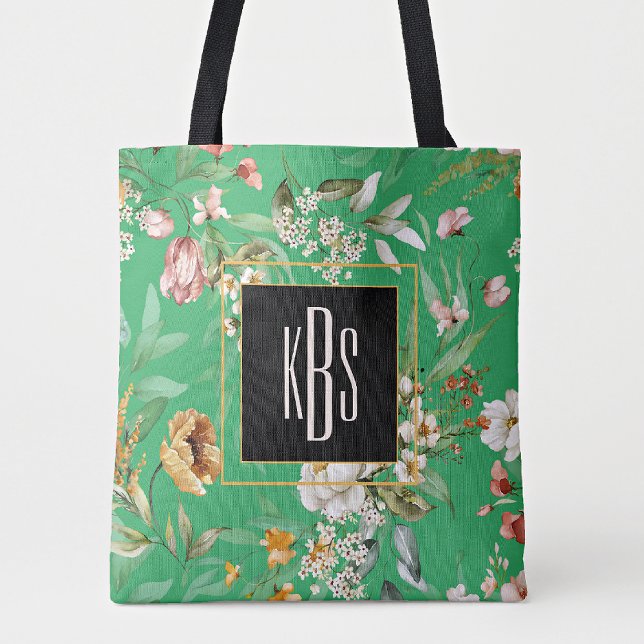 Monogram, Green Fine Art Florals Shoulder Tote  (Creator Uploaded)