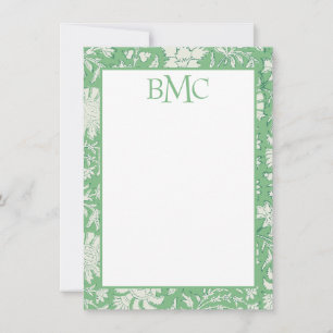 Monogram Green Floral Block Print Stationery Thank You Card