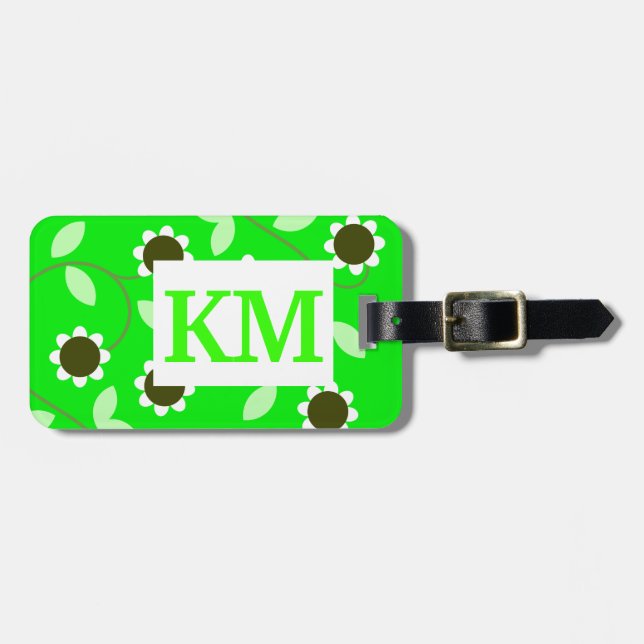 Monogram Green Floral Luggage Tag (Front Horizontal)