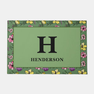 Monogram Green Flower Garden Doormat