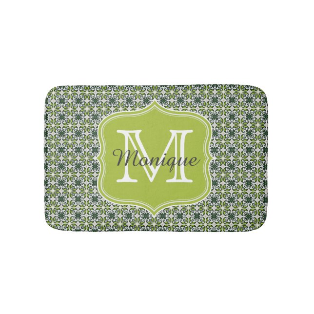 Monogram Green Flowers Pattern Bath Mat (Front)