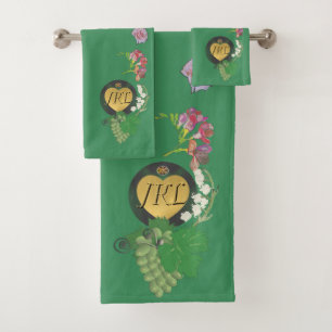 Monogram Green Fruit and Floral Bath Towel Set