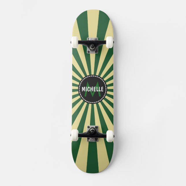 Monogram Green Funky Sun Rays Pattern Skateboard (Front)