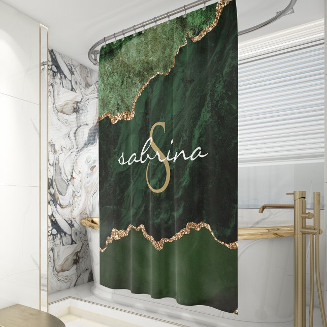 Monogram Green Gold Agate Geode Shower Curtain (Creator Uploaded)